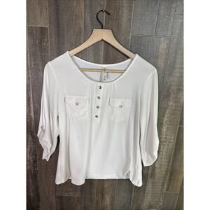 Per Seption Women Size PL White‎ Blouse Tab Sleeves Button Accents